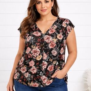 Halogen Black Floral V-Neck Blouse Size 1X | Chic Pink & Mauve Print Top